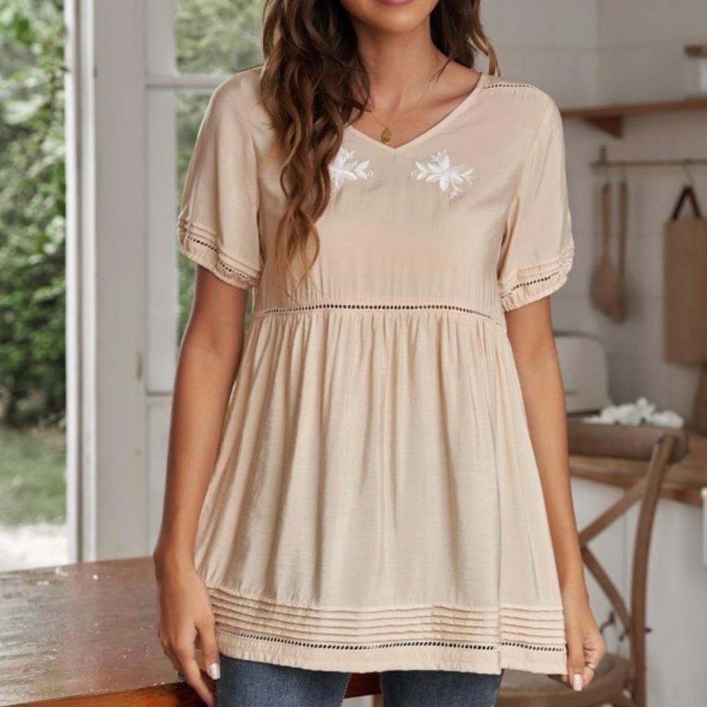 Apricot Floral Embroidery Short Sleeve
V Neck Blouse ROOLEE SIZE SMALL